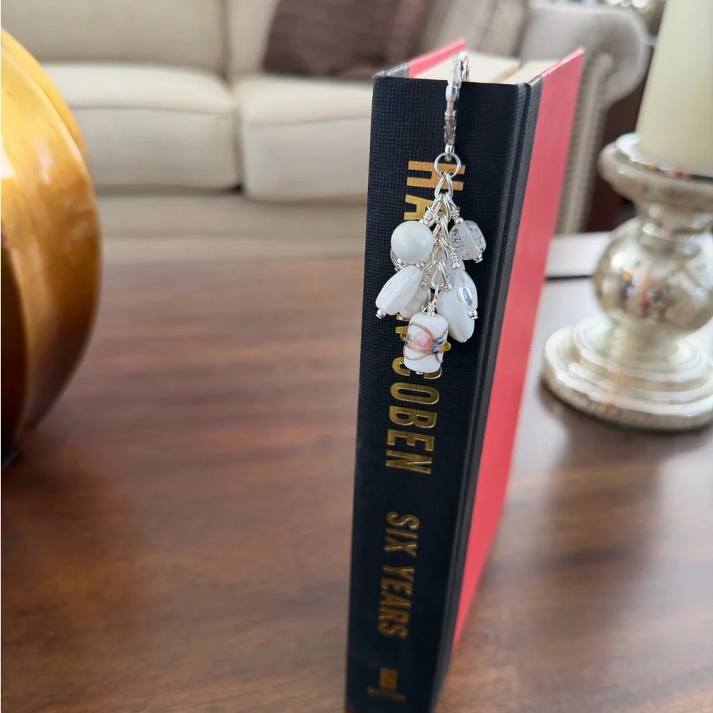 Handmade White Glass Bead Grape Bookmark with Silver Tone Hook - ideal Gift